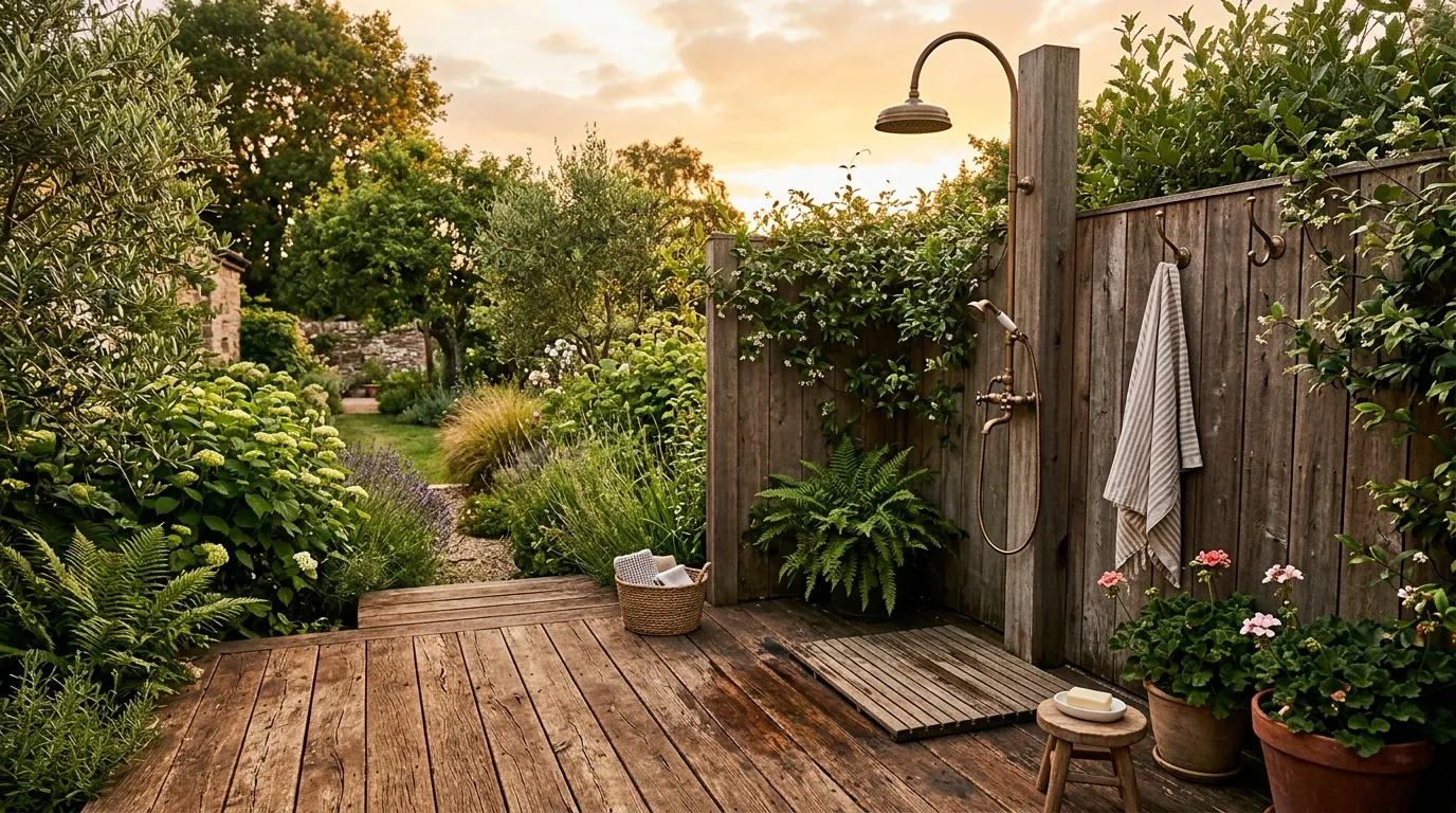 Rustic Wooden Deck Shower